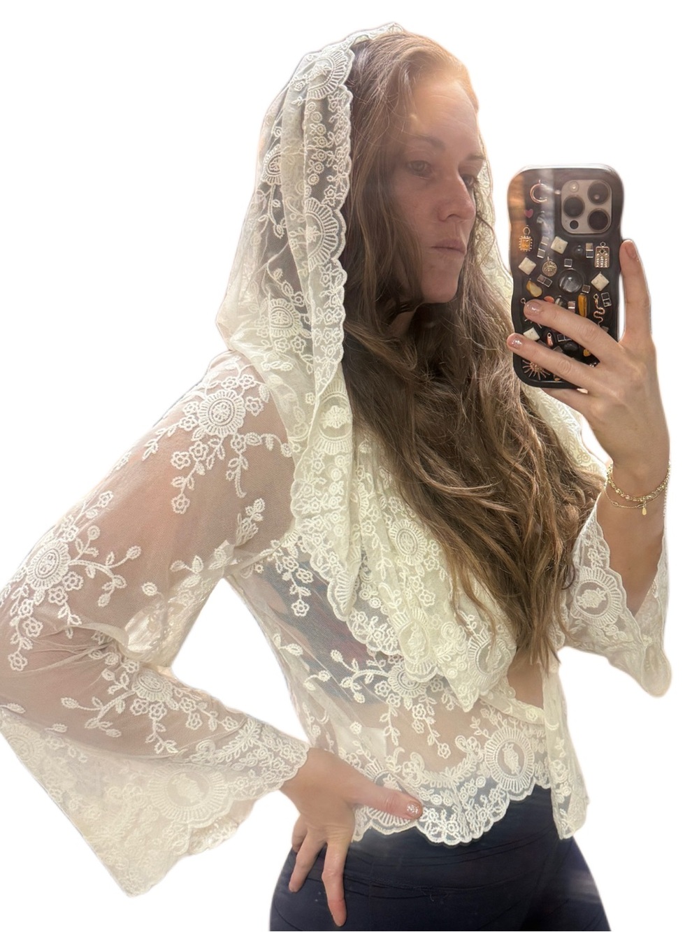 New house or Harlow Sheer Lace Hooded ruffled button top Jacket in Ivory Sz m